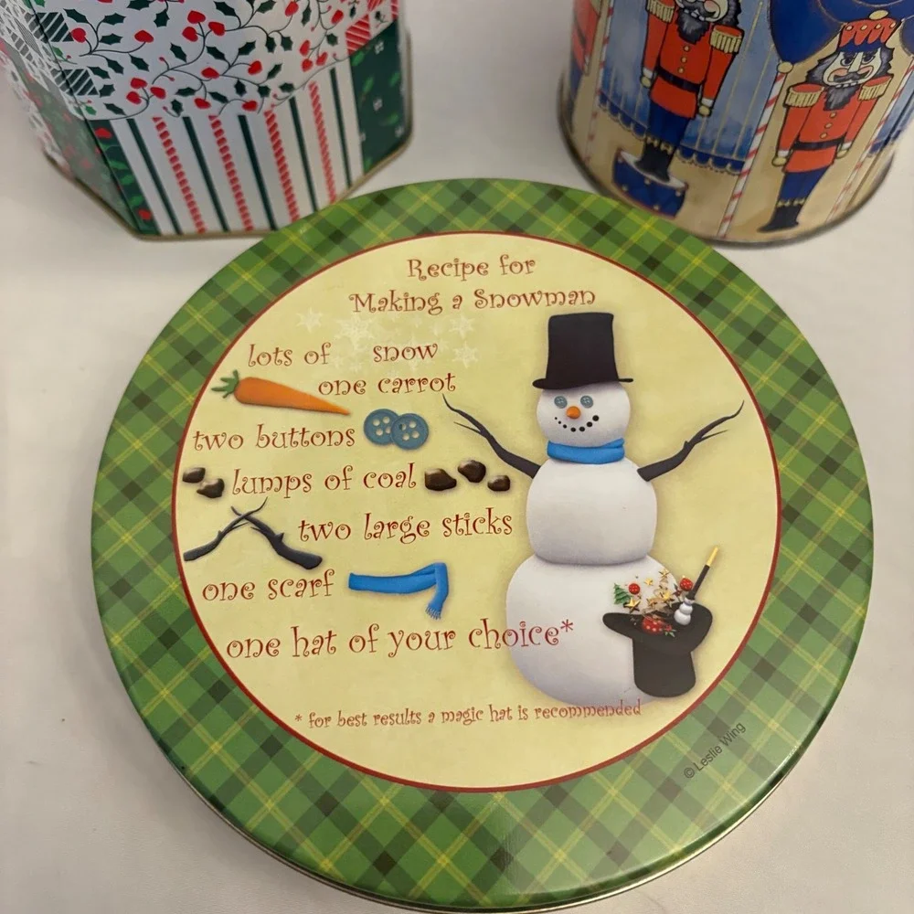 3‎ Vintage Christmas Tins Nutcracker Snowman Patchwork Holiday Decor Storage